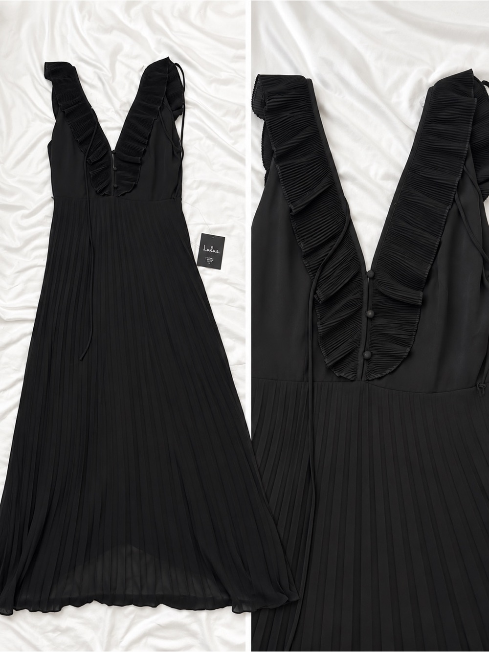 Lulu's Black V-Neck Pleated Maxi Dress with Ruffle Trim